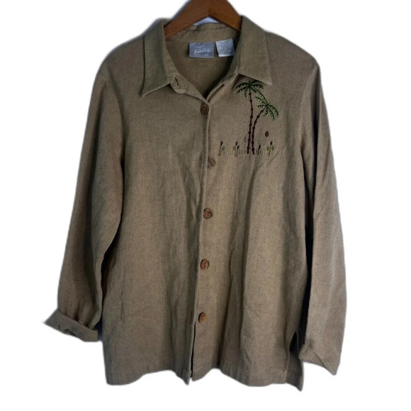 Blair Tan Linen Blend Safari Palm Tree Button Front Long Sleeve Top Size Large - Picture 9 of 9